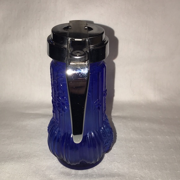 Vintage Cobalt Blue Syrup Pitcher with Flowers - Picture 4 of 10